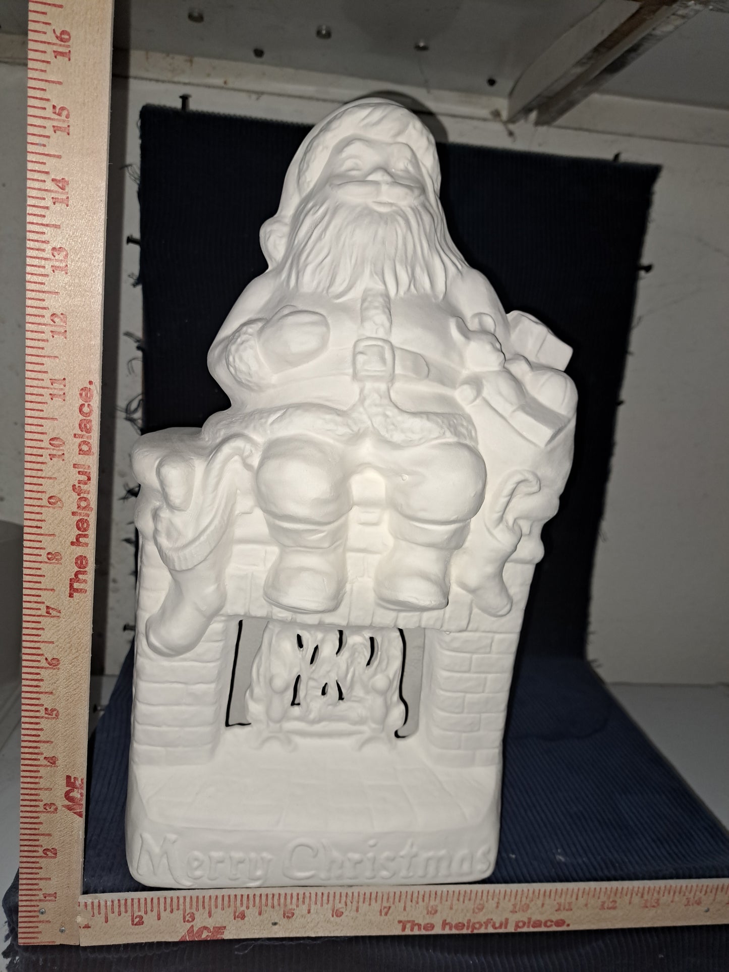 Ceramic Ready To Paint Merry Christmas Santa Sitting on Fireplace