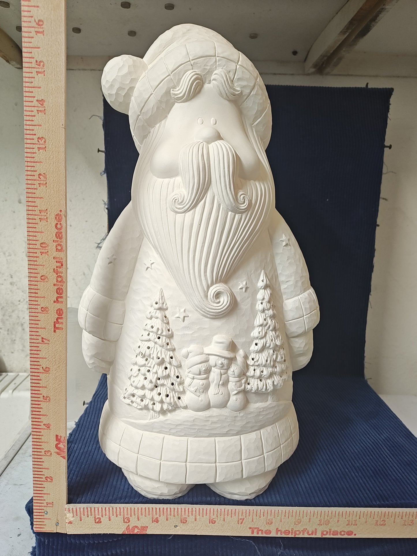 Ceramic Ready to Paint Whittled Santa With Snowman Scene