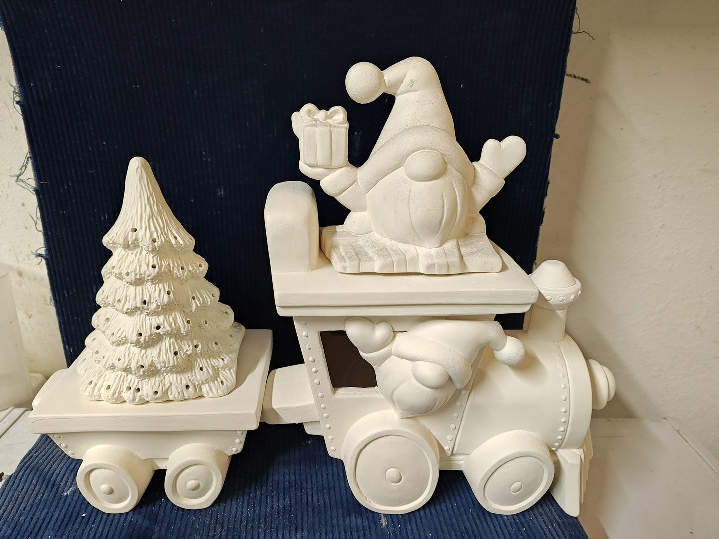 Ceramic Ready to Paint Gnome Train With Santa Gnome and Upright Tree