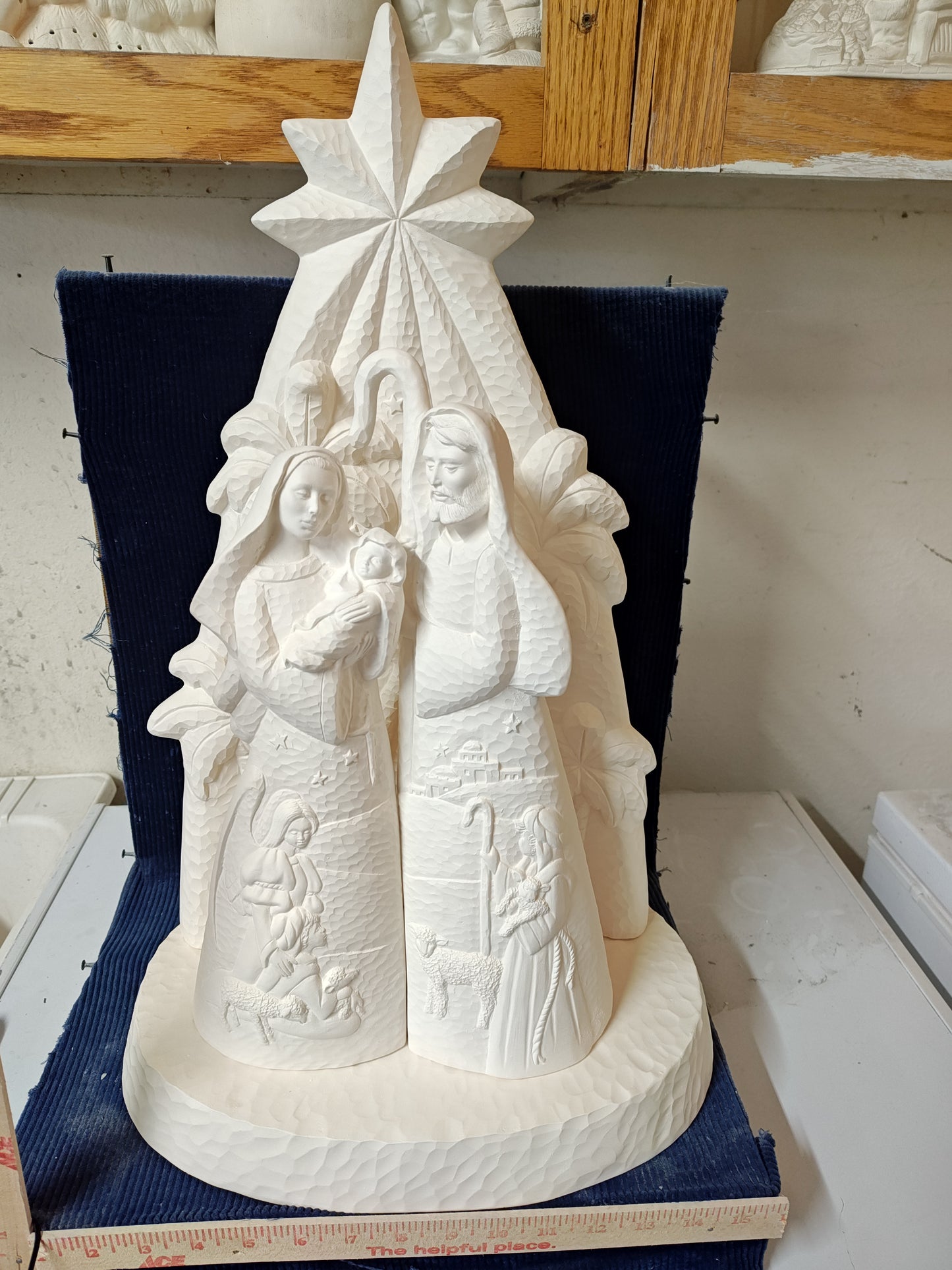 Ceramic Ready to Paint Mary and Joseph with Palm Tree Whittled Backdrop