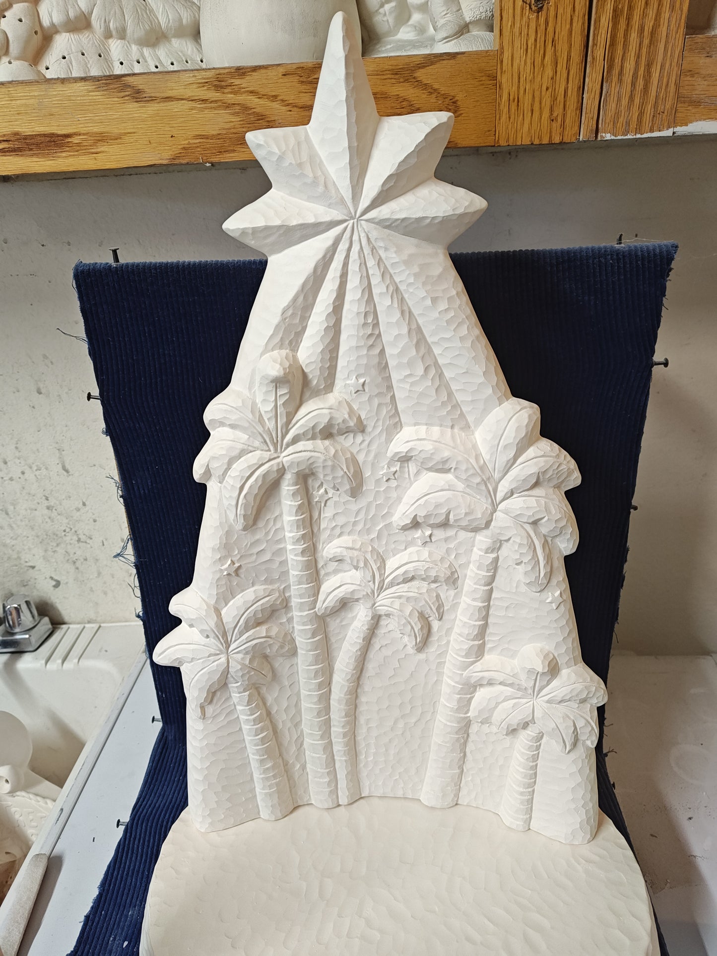 Ceramic Ready to Paint Mary and Joseph with Palm Tree Whittled Backdrop