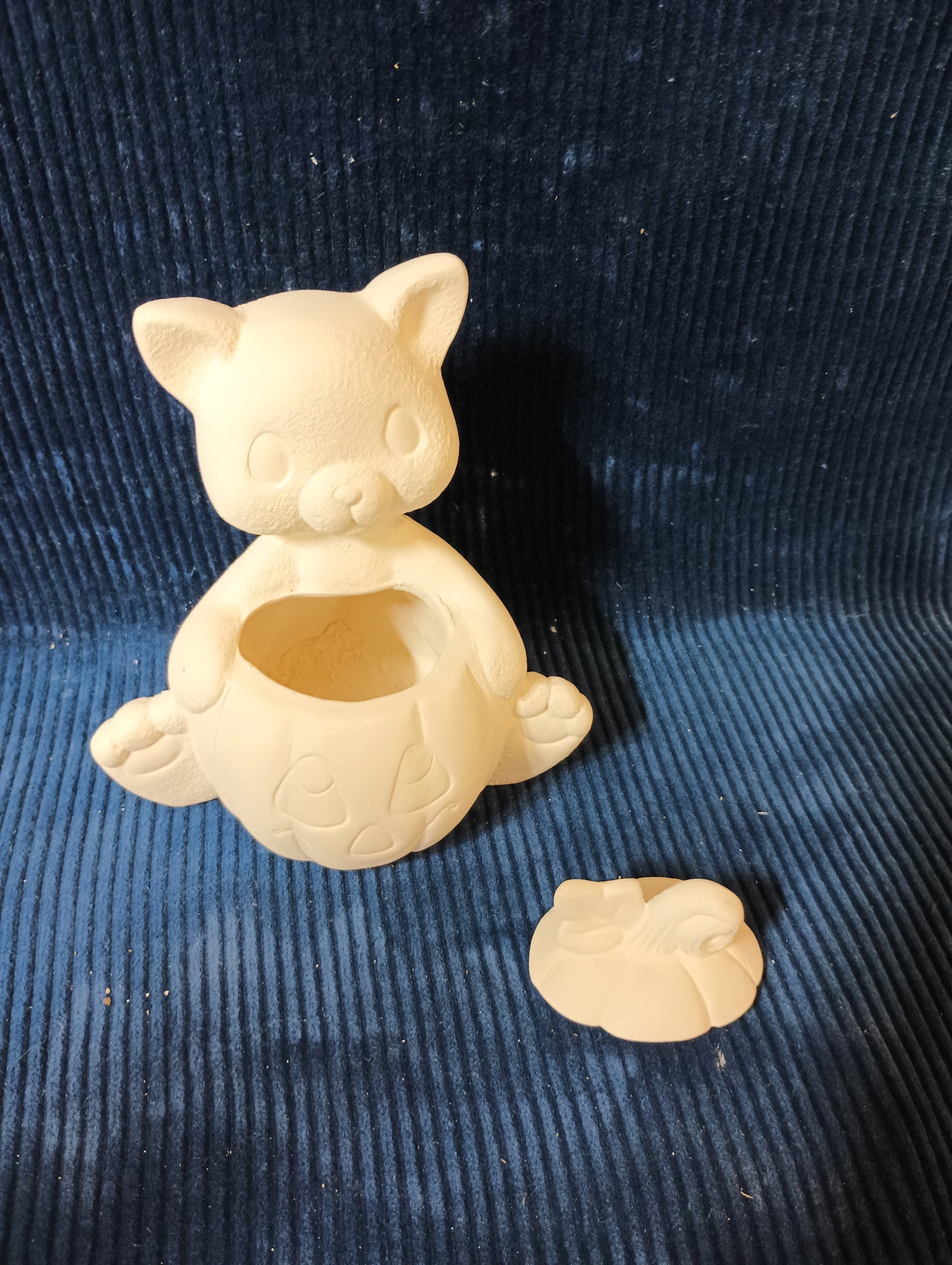 Ceramic Ready To Paint Halloween Cat Holding Pumpkin with Lid