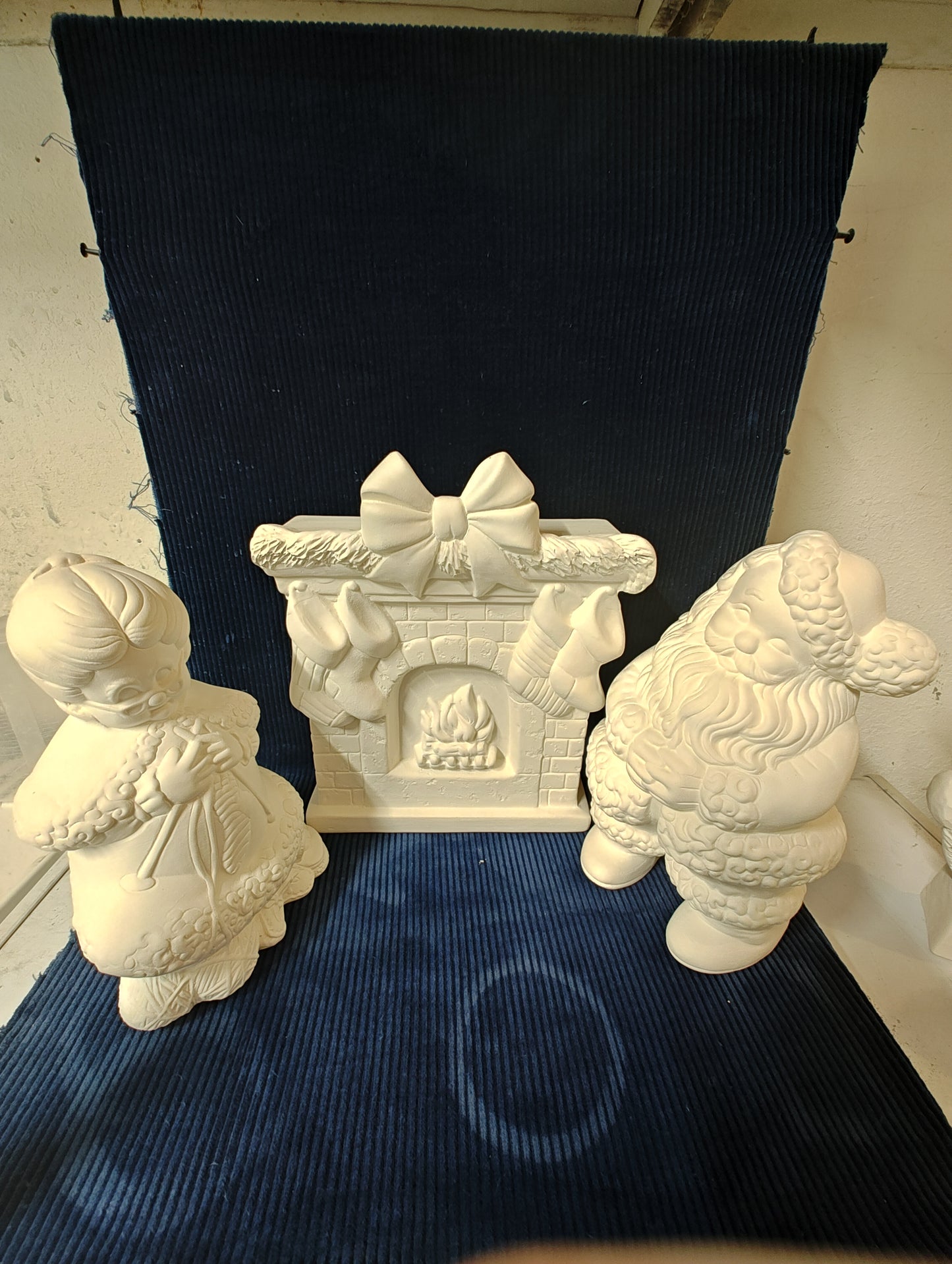 Ceramic Ready To Paint Retro Santa & Retro Mrs. Claus with Fireplace