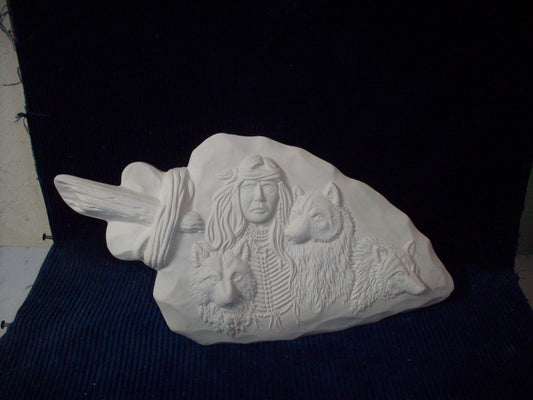 Ceramic Ready To Paint Arrowhead With Native American and Wolf