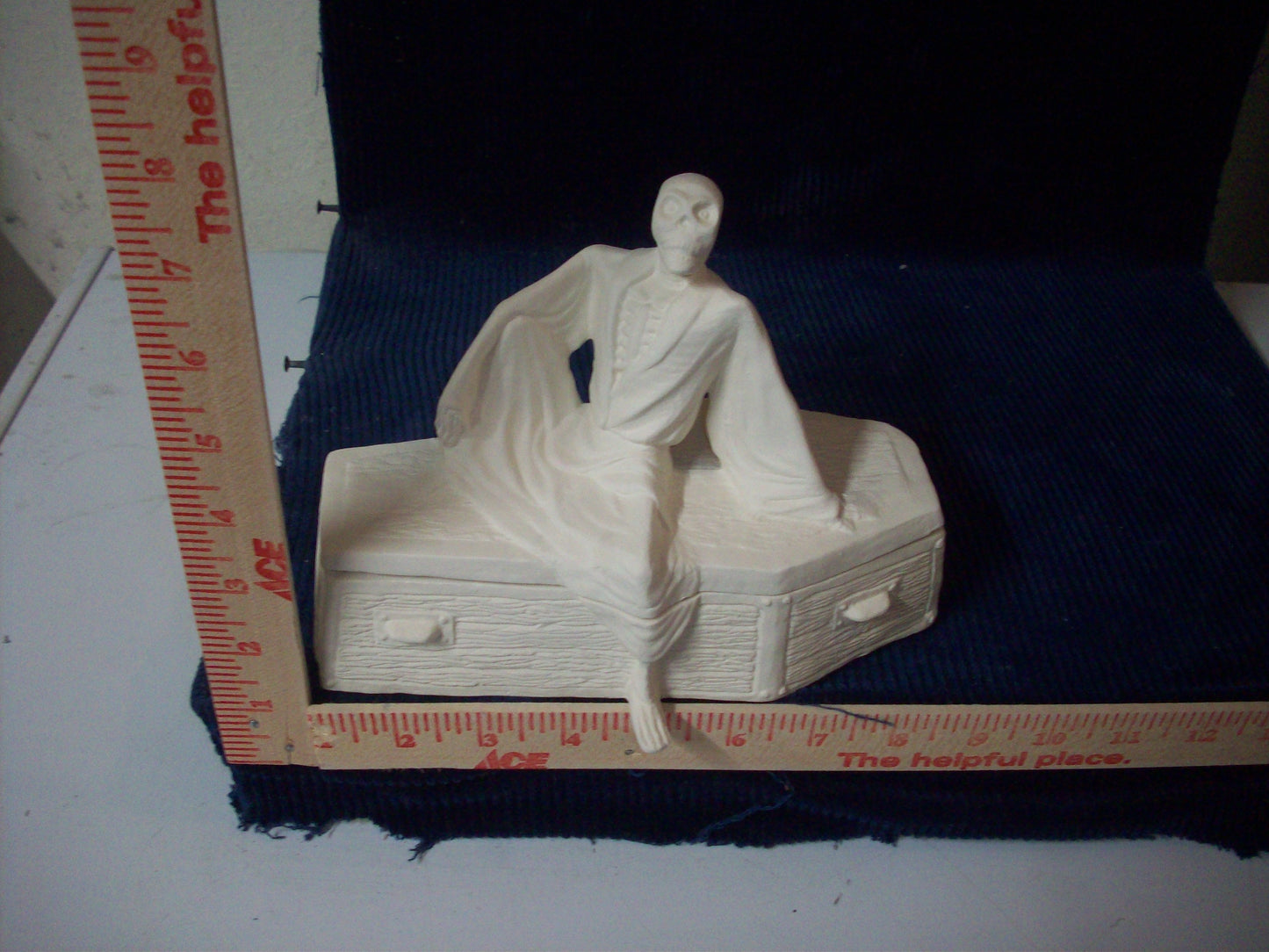 Ceramic Ready To Paint Halloween Skeleton Dressed in a Robe with Coffin