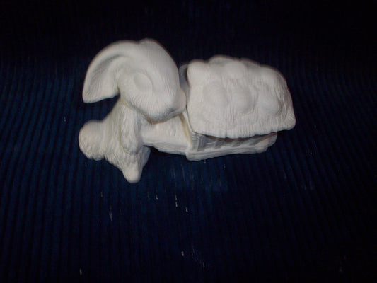 Ceramic Ready To Paint Bunny Pushing a Wheel Barrel Full of Eggs