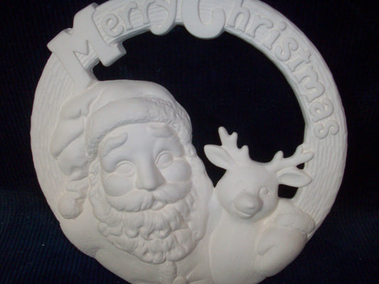 Ceramic Ready To Paint Merry Christmas Santa with Reindeer Wall Plaque