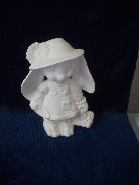 Ceramic Ready To Paint Blue Jean Bunny Girl With Sunflower Basket and Hat