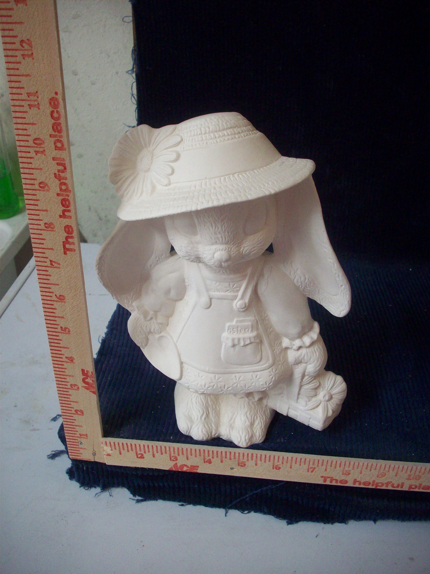 Ceramic Ready To Paint Blue Jean Bunny Girl With Sunflower Basket and Hat