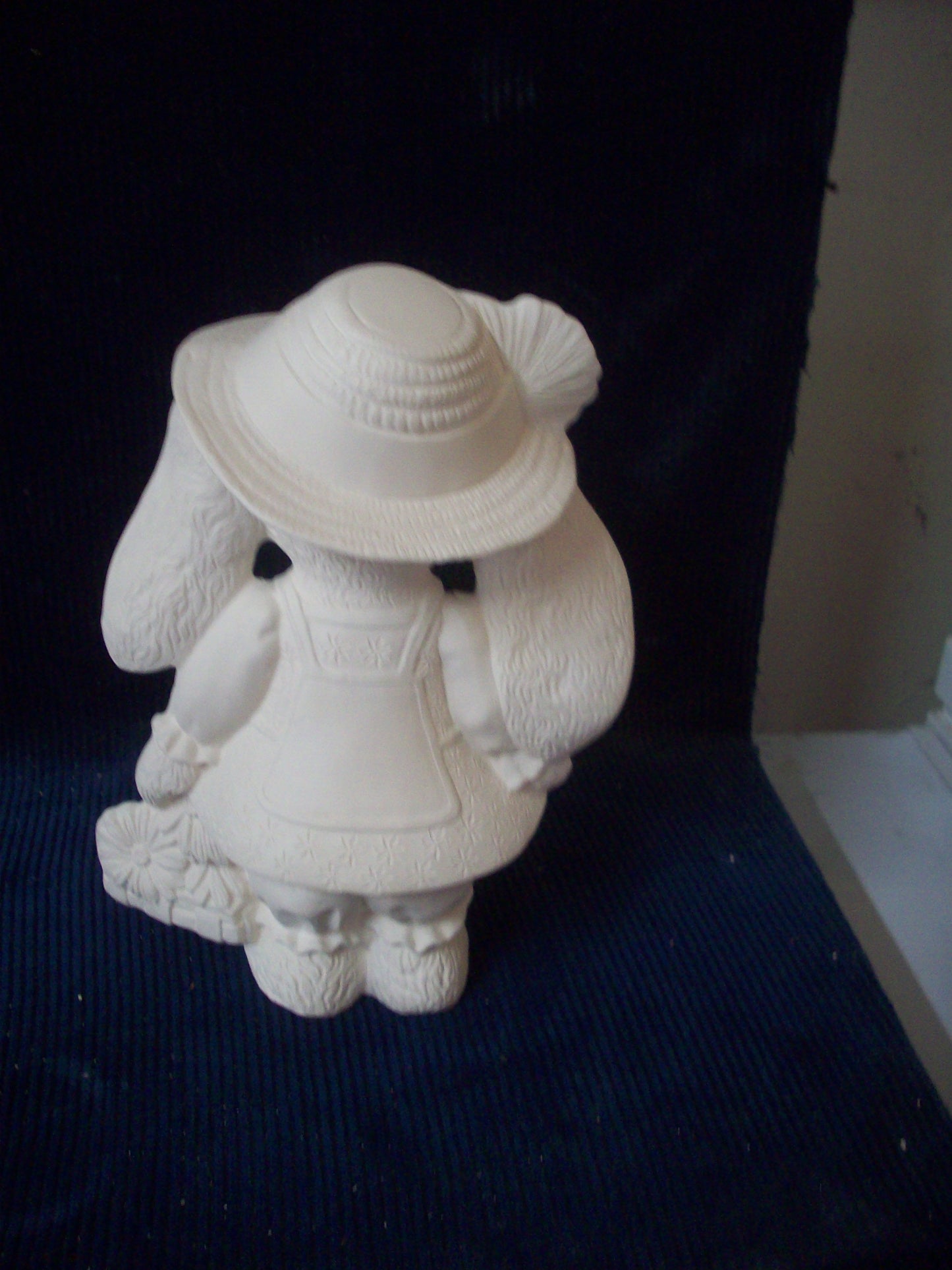 Ceramic Ready To Paint Blue Jean Bunny Girl With Sunflower Basket and Hat