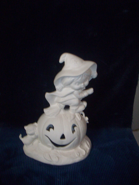 Ceramic ready to paint Witch Riding Broom with Pumpkin