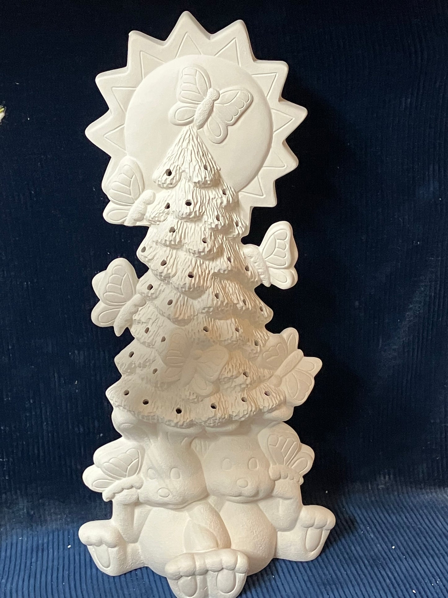 Ceramic Ready To Paint Cuddle Bunnies Under Tree with Butterflies