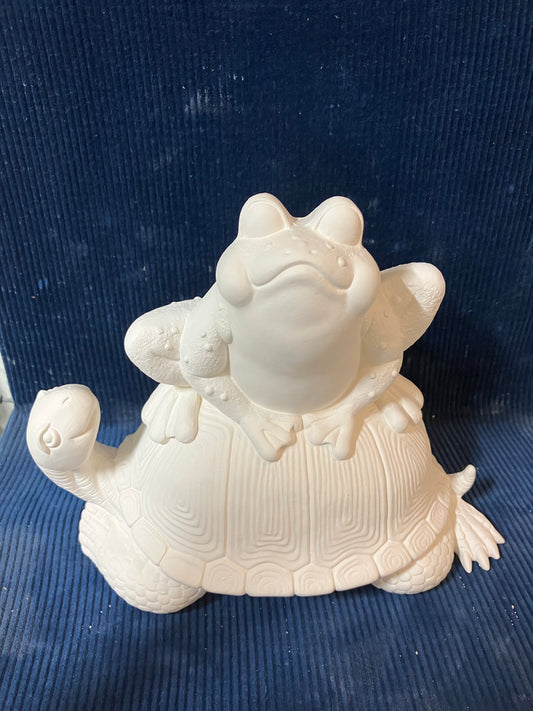 Ceramic Ready To Paint Frog Sitting on Turtle